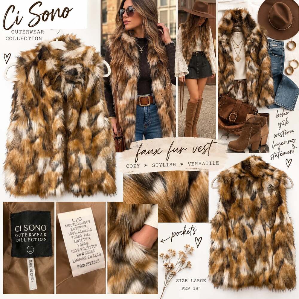 Ci Sono Faux Fur Vest Size L Brown Multi Shaggy Boho Winter Outerwear